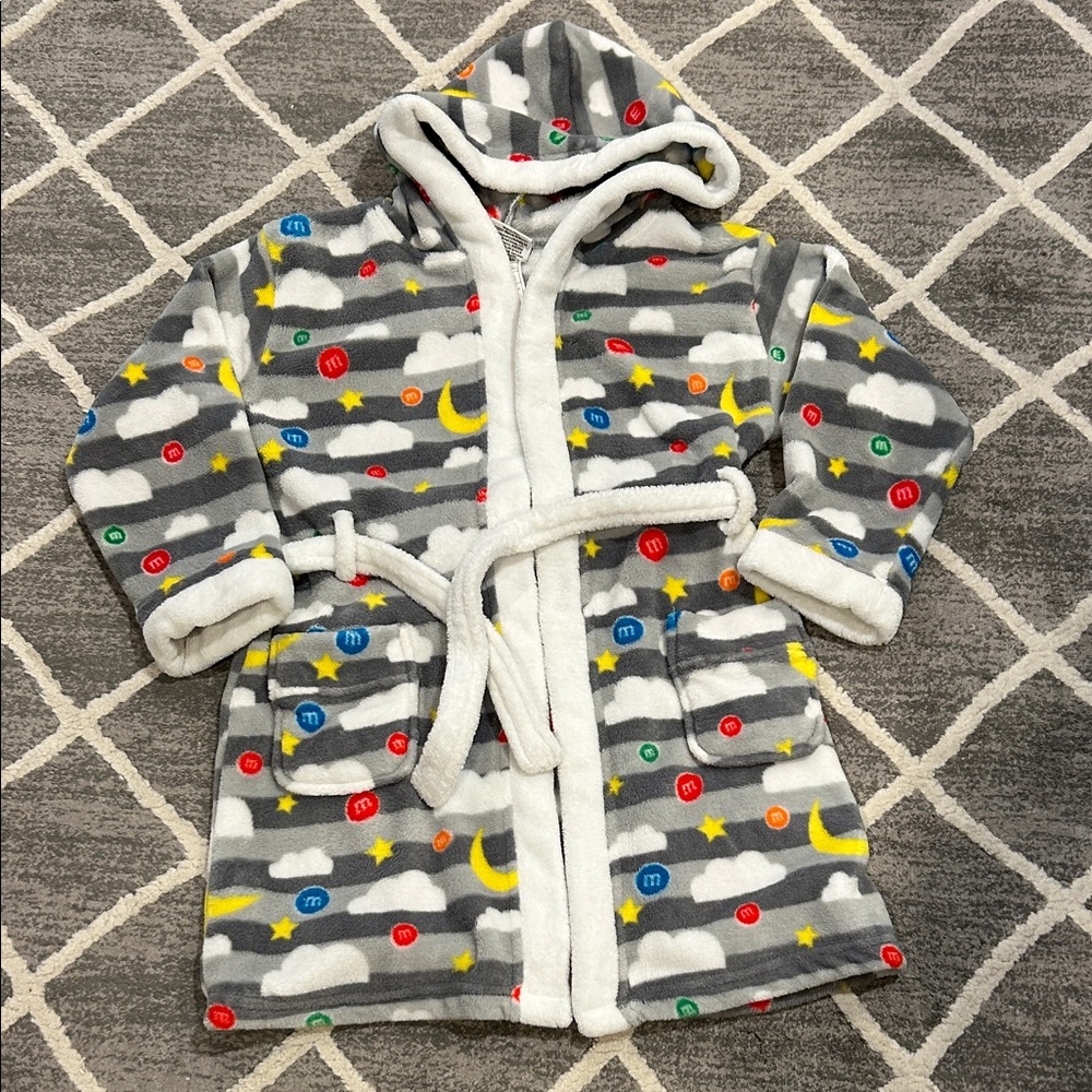 M&M Gray Hooded Kid’s Robe with M&M Pattern